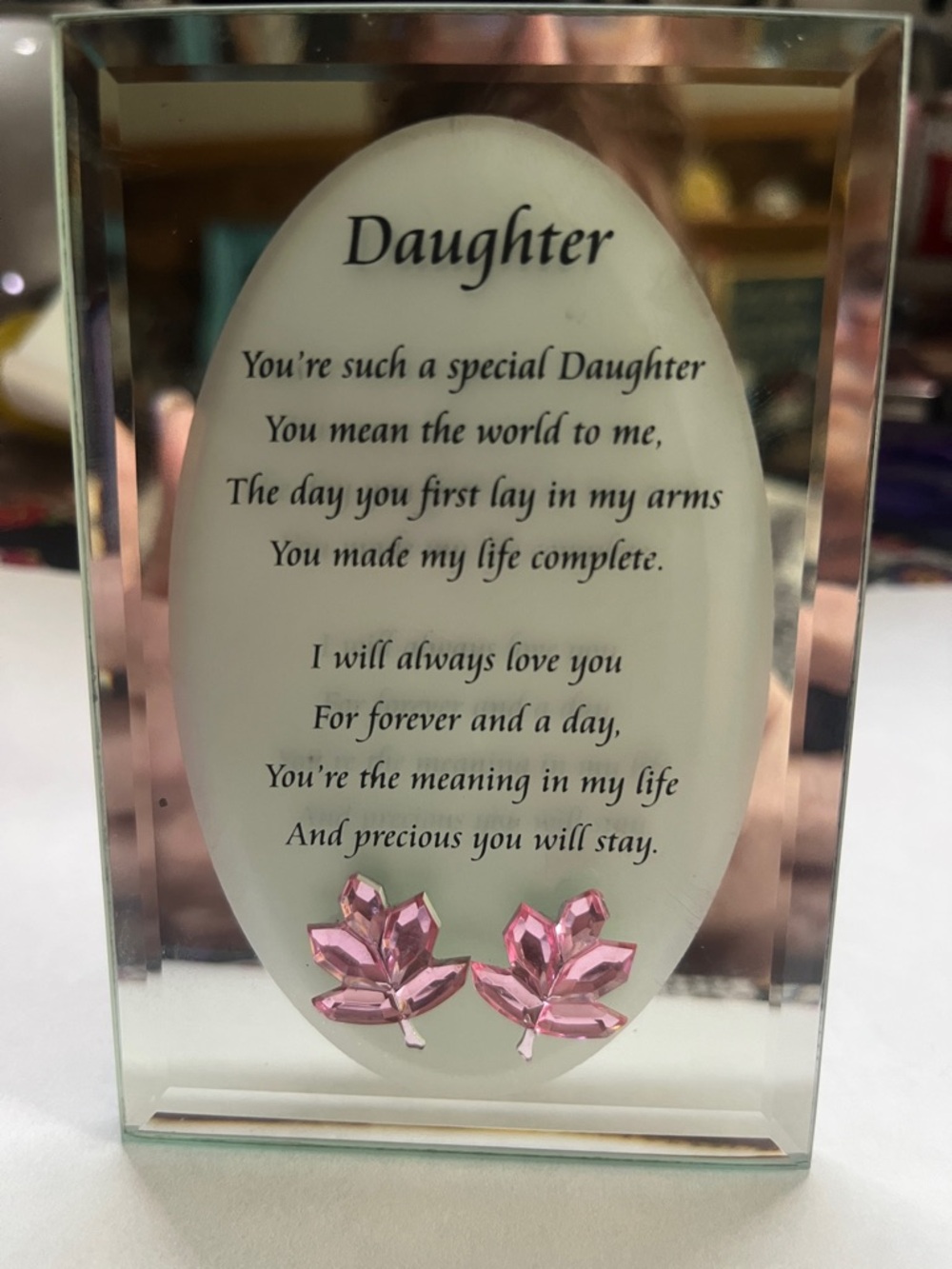 Daughter Sentiment Glass Keepsake with Pink Gem Flowers 3x5